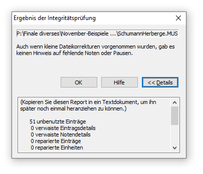 Dialogbox Ergebnis der Integritätsprüfung